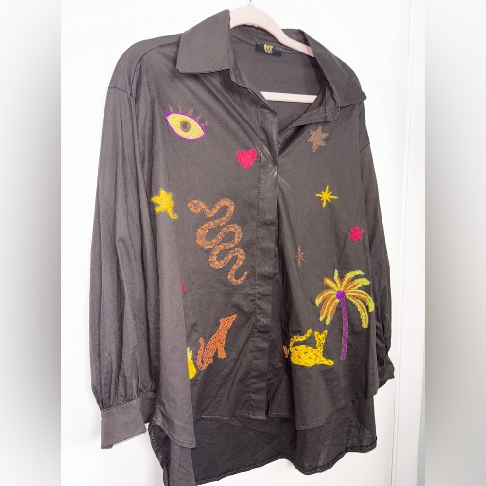 Black Shirt with Colorful Embroidery